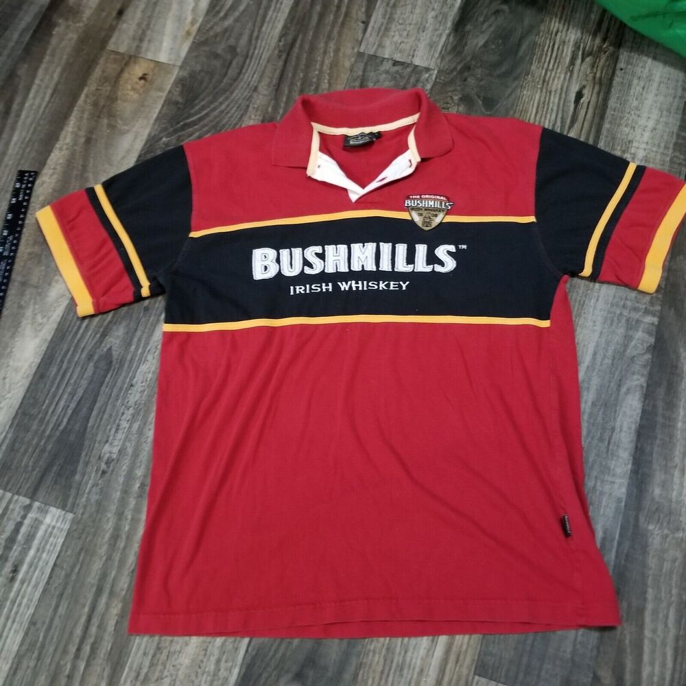 Vintage Mens Large Spell Out Bushmills Irish Whiskey Rugby Polo‎ Shirt Red Black